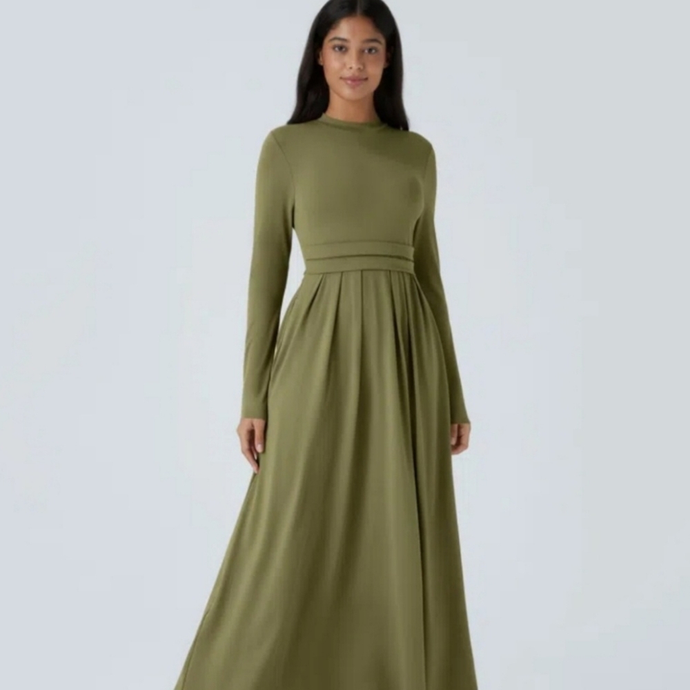 Halara Stand Collar Long Sleeve Maxi Dress Olive Green NWT Size Small